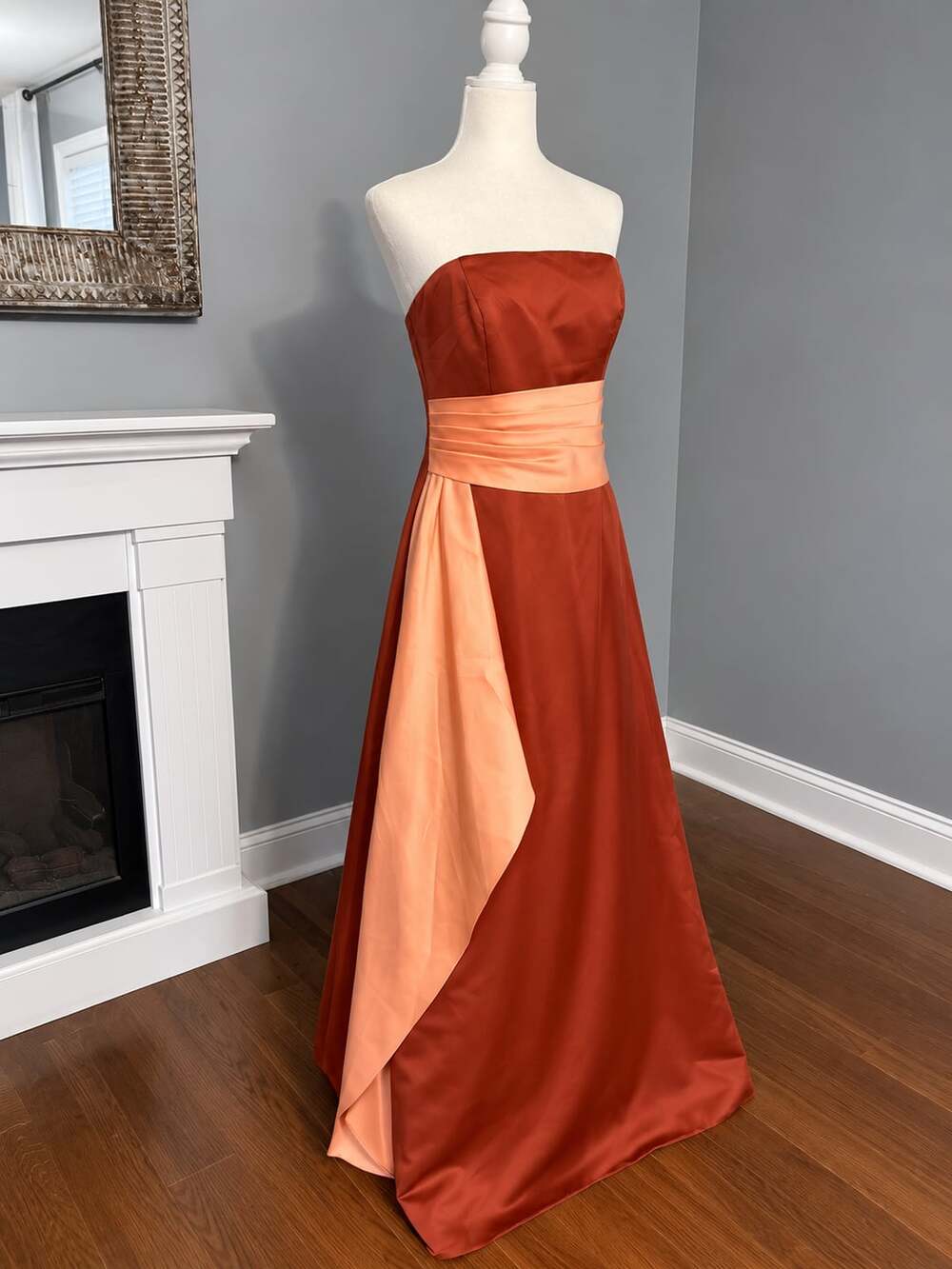 Forever yours satin burnt orange and coral evening formal dress